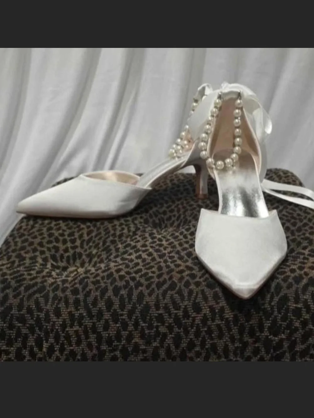 Elegant White Satin Pointed-Toe Heels with Pearl Ankle Strap